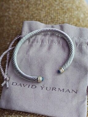 David Yurman Classic Cable Bracelet SS and 18K Yellow Gold w Blue Topaz 5mm Sz M